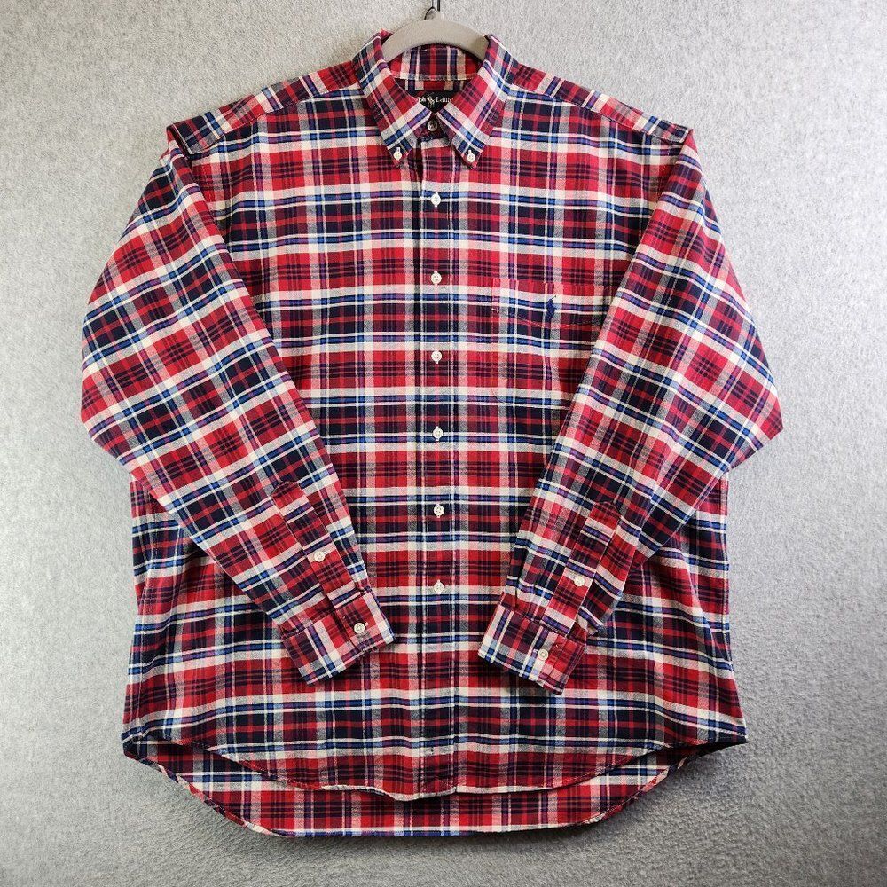 Ralph Lauren Big Shirt Mens Large Red Blue Plaid Button Down Chest Pocket